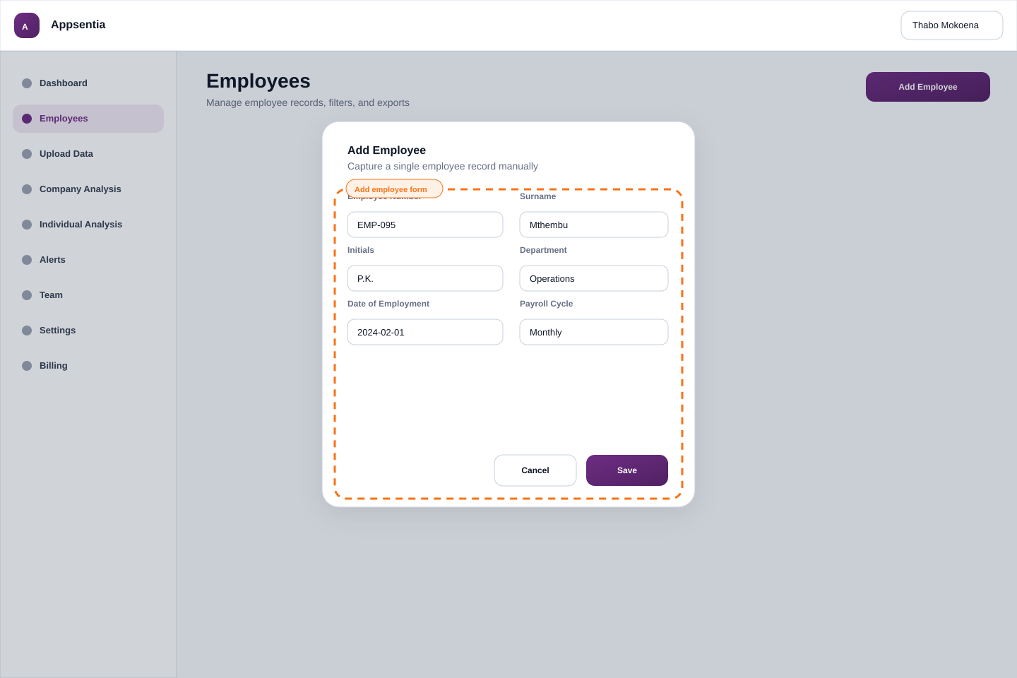 Add Employee form with all fields displayed