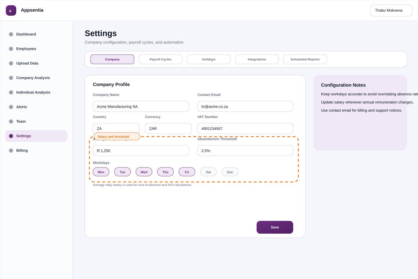 Company Profile settings page
