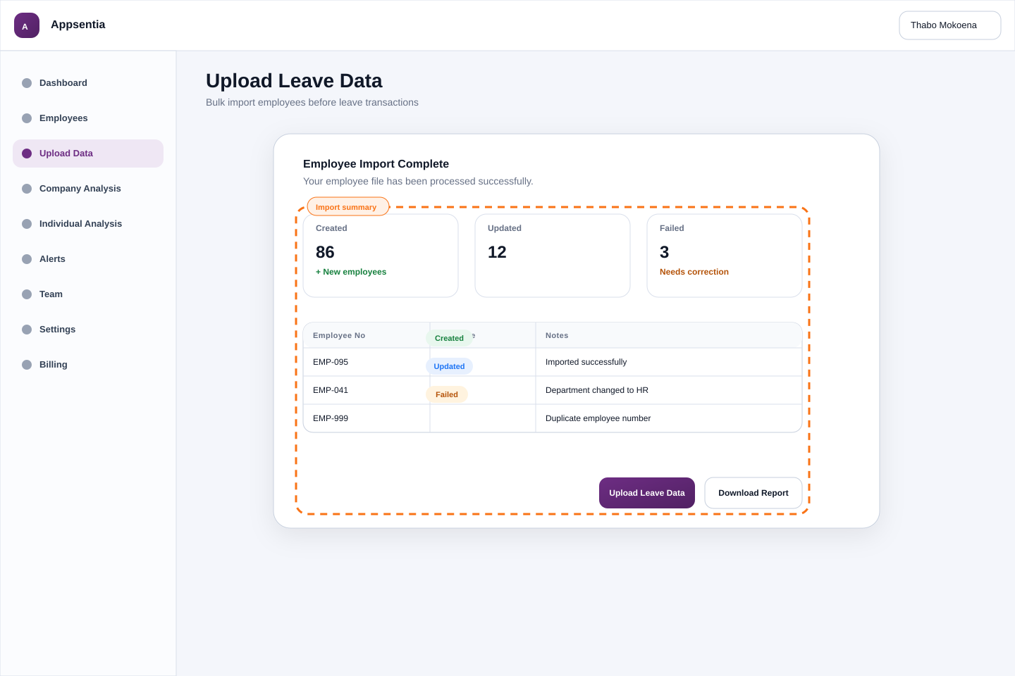 Employee upload summary showing successful, updated, and failed records