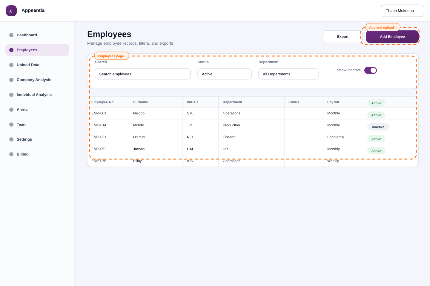 Employee list page with 'Add Employee' and 'Upload' buttons highlighted