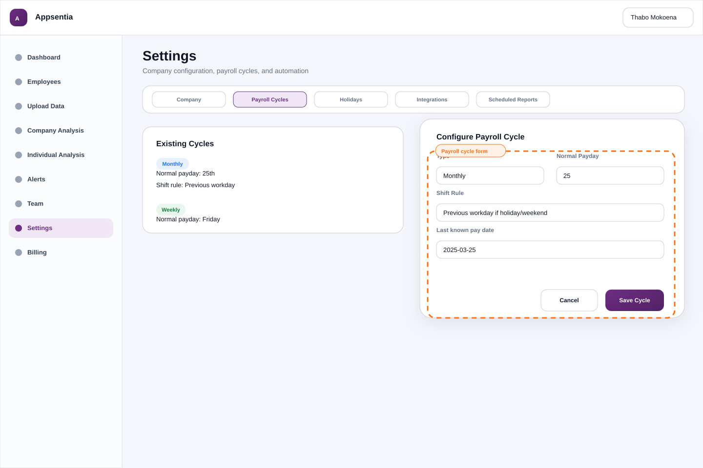 Payroll cycle configuration form