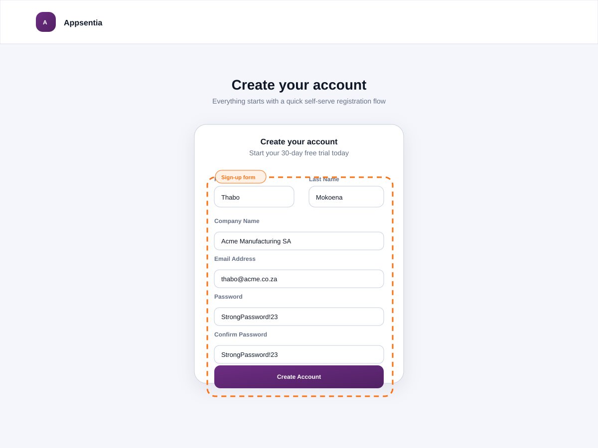 Sign-up form with email and password fields