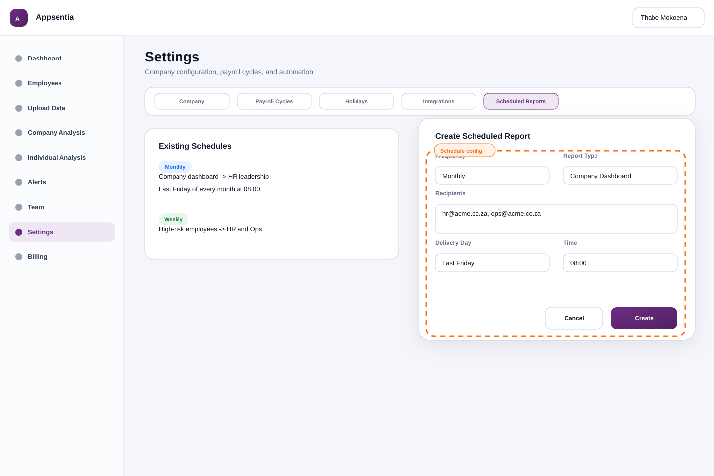Scheduled reports configuration interface
