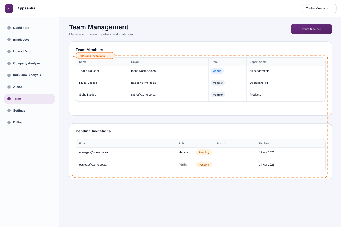Team management page showing user list with role dropdowns