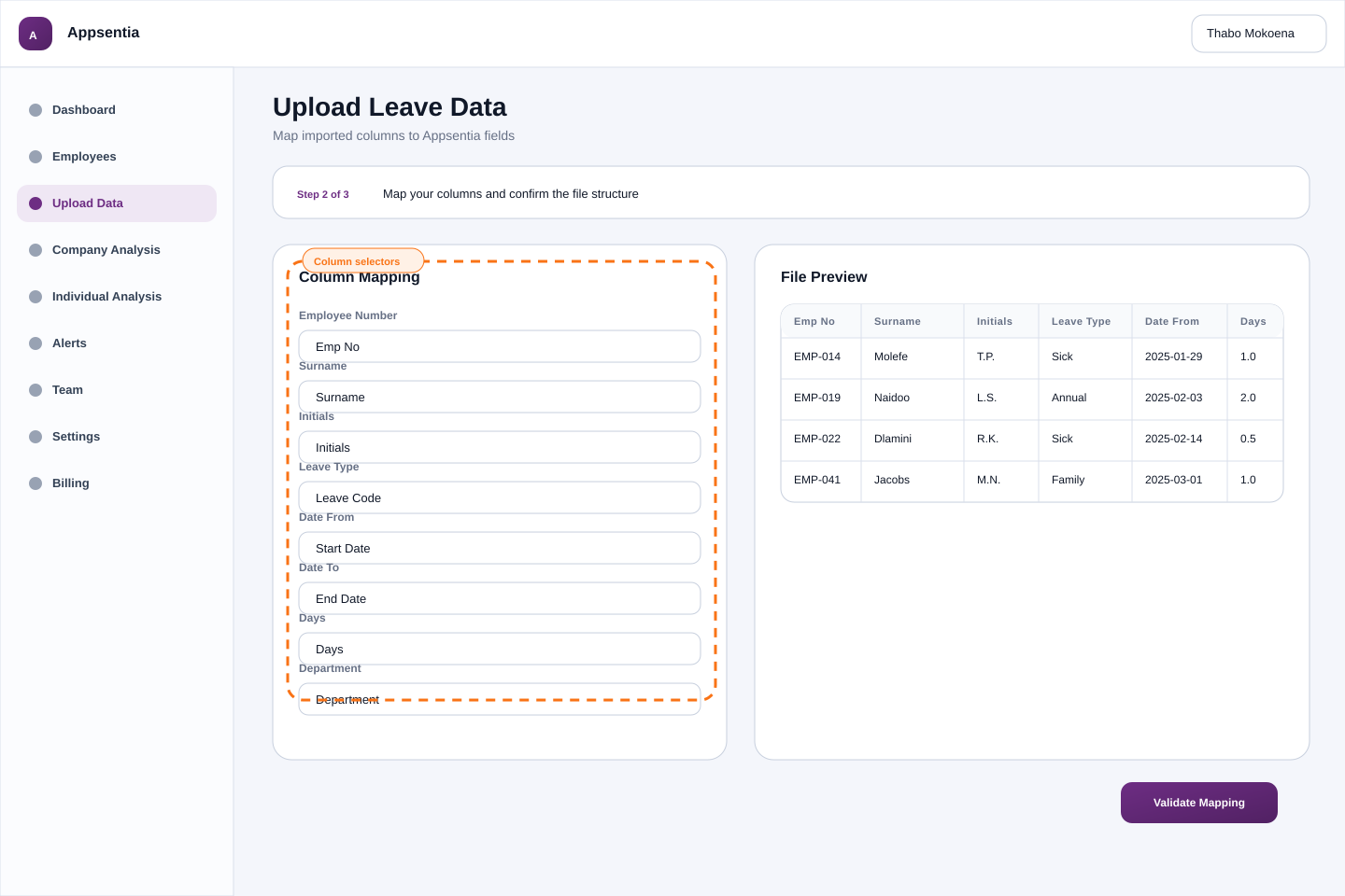 Data upload interface showing file selection and column mapping