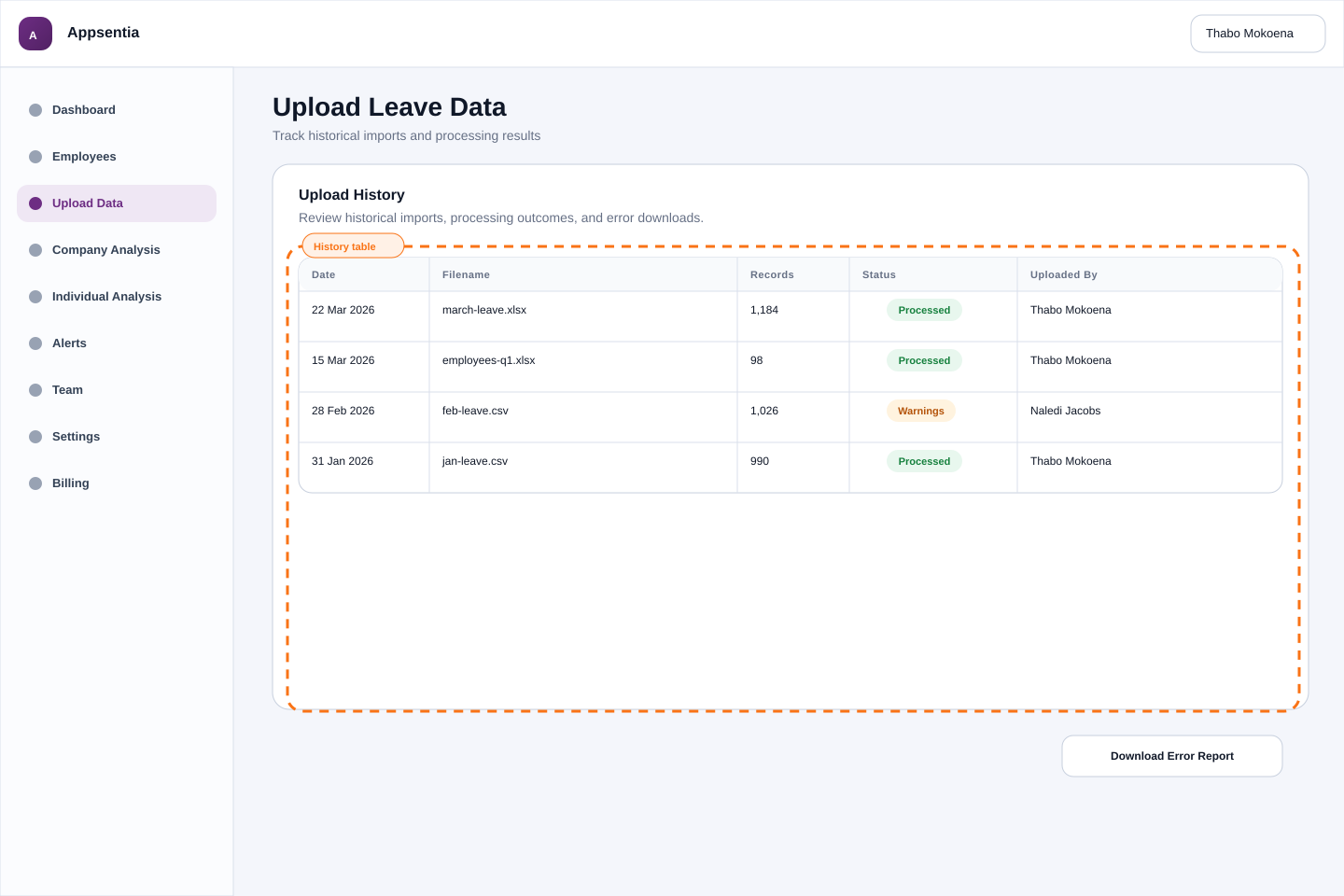 Upload history table showing past uploads with status indicators