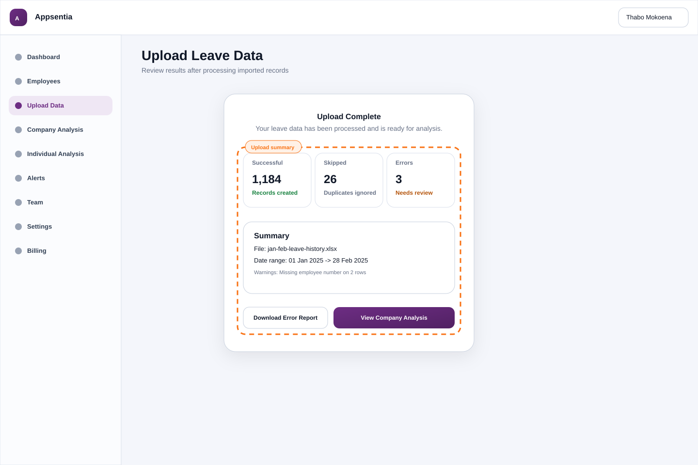 Upload summary showing successful, skipped, and failed records